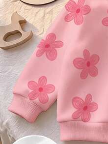 SHEIN Baby Girls Tops Knit Pink Floral Print Long Sleeve Pullover Hooded Drop Shoulder Sweatshirt Autumn/Winter Fall Party Family Cute Matching - Multicolor - View 5