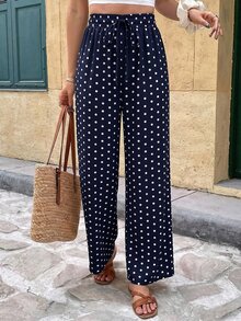 SHEIN Frenchy Women's Casual Vacation Polka Dot Print Straight Leg Pants - Navy Blue - View 7