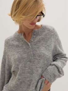 MUSEYN Grey Knit Ribbed Hem Long Sleeve Button Sweater - Khaki - View 5