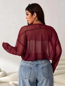 Solflare Casual Safari Burgundy Plus Size Lightweight Sheer Mesh Long Jacket With Raglan Sleeves, Suitable For Outdoor Family Vacation Office, Daily, Autumn - Burgundy - View 2