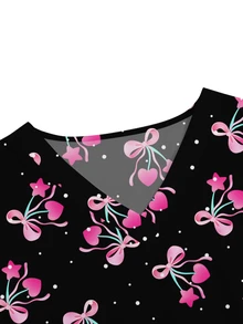 PopScrub Black V-Neck Short Sleeve Double Pocket Cute Heart Cherry Bow Cartoon Print Design Nurse, Lab, Doctor Work Uniform, Multi-Pocket Functional Holiday Top For Women - Black - View 3