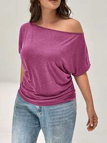 Shapeblank Plus Size Women Solid Color Asymmetric Shoulder Casual Versatile Daily Wear T-Shirt - Red Violet - View 3