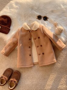 SHEIN 男女嬰兒/幼兒秋冬保暖內裡加厚翻領麂皮外套夾克，嬰兒冬季外套，保暖加厚填充外套 - 卡其色 - 查看 8