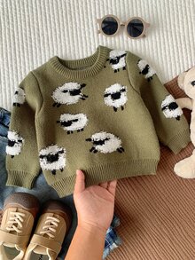 SHEIN 中性嬰兒男/女童、幼兒秋冬休閒可愛3D羊圖案圓領針織毛衣，嬰兒毛衣，萬聖節，聖誕節 - 軍綠色 - 查看 1