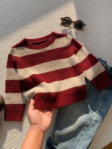 SHEIN 中性嬰兒男/女童、幼兒秋冬保暖內裡加厚可愛紅色條紋毛衣，嬰兒冬季毛衣，聖誕毛衣 - 紅色 - 查看 2
