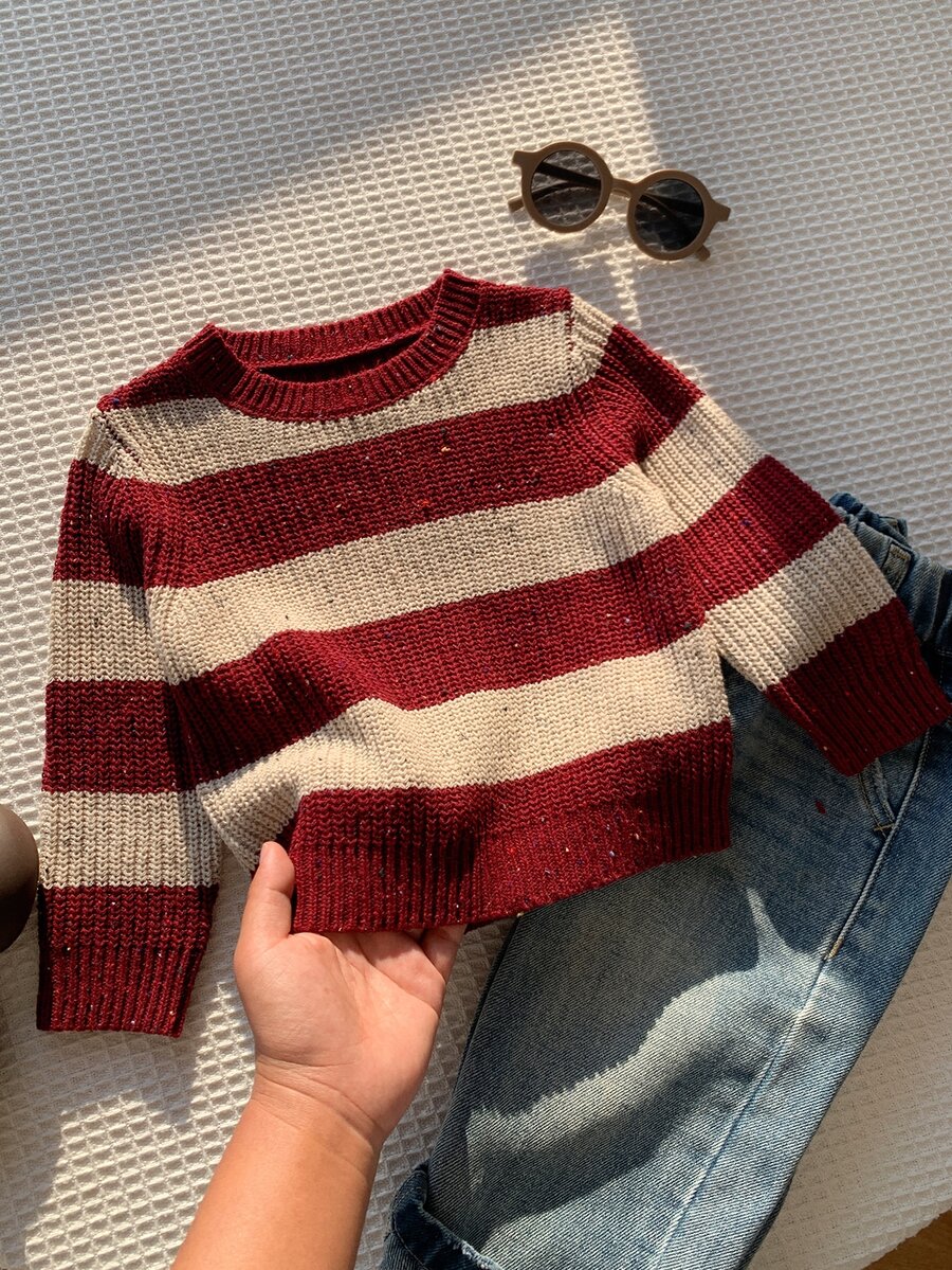 SHEIN 中性嬰兒男/女童、幼兒秋冬保暖內裡加厚可愛紅色條紋毛衣，嬰兒冬季毛衣，聖誕毛衣