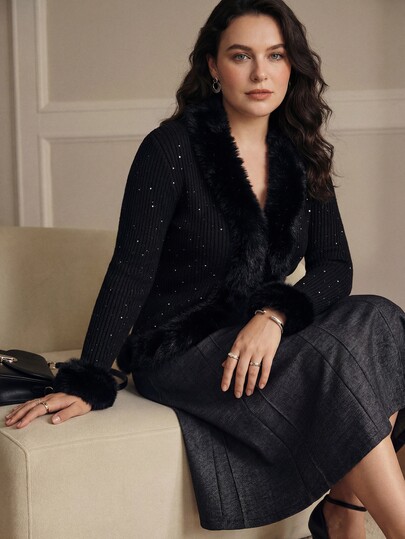 MOTF PREMIUM PLUS SIZE ELEGANT SLIM FIT SPARKLING SEQUIN FUR COLLAR CARDIGAN, AUTUMN/WINTER