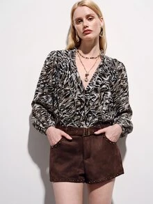 Aveloria Modichic 秋冬黑色斑馬紋百褶女式襯衫，層次荷葉邊下擺，泡泡袖設計，復古優雅波希米亞法式風，適合約會、早午餐、夜晚場合 - 彩色 - 查看 8