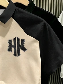 Manfinity Hypemode 美式復古做舊丹寧效果對比色 NY 字母印花 Polo 衫，有領休閒上衣，男女款圖案 T 恤，適合日常通勤與夏季休閒穿著 - 彩色 - 查看 3