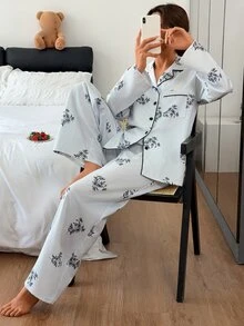 DAZY Women's Floral Print Long Sleeve Top And Pants Casual Daily Home Pajama Set Fall - Blue - View 7