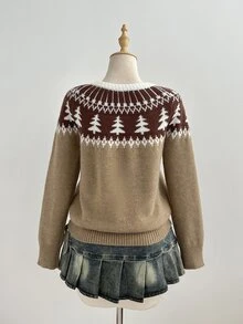 Elamini Sweater Wanita Kerah Bulat Jacquard Motif Pohon Natal Fair Isle Bergaya Vintage - MultiWarna - View 2