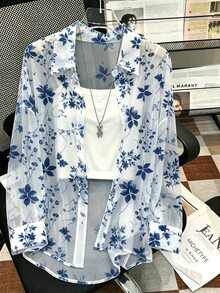 Lalippa Plus Size Casual Floral Print Semi-Sheer Shirt - Multicolor - View 1