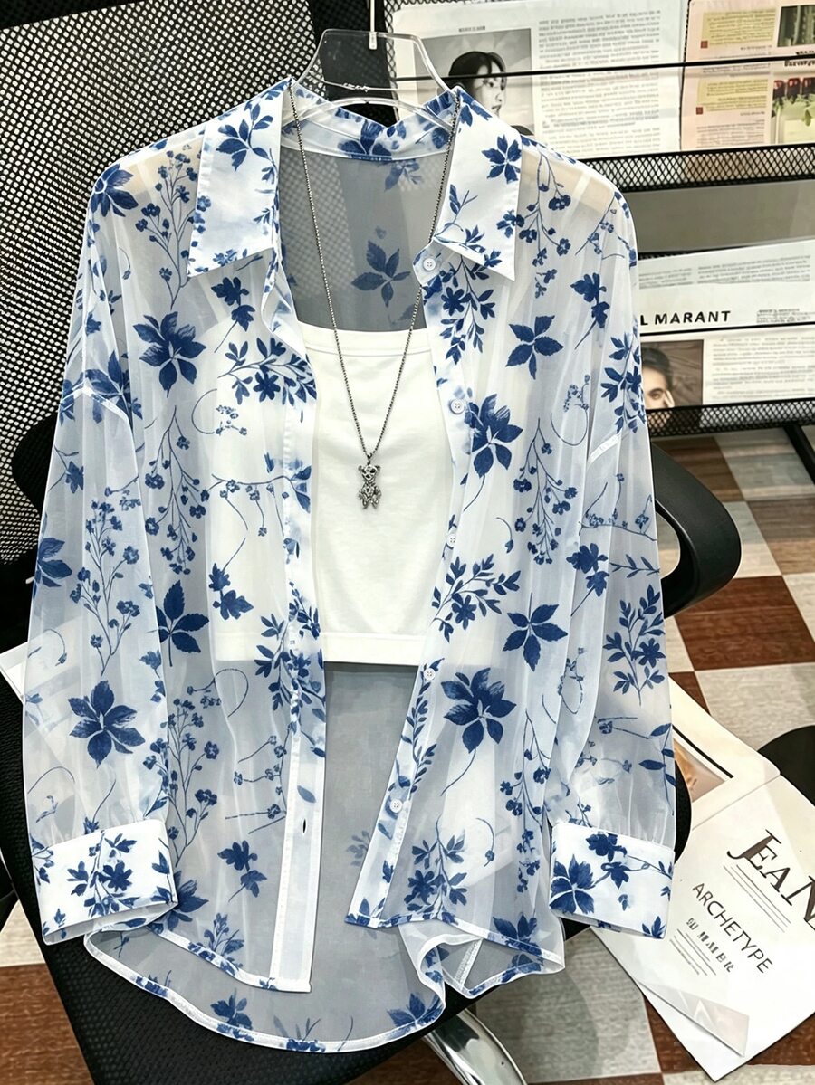 Lalippa Plus Size Casual Floral Print Semi-Sheer Shirt - Multicolor - View 1