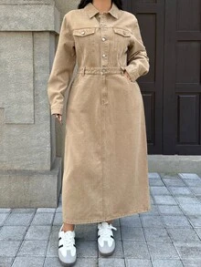 Rivivi Plus Size Women's Khaki Long Sleeve Slim Fit Flattering Denim Dress - Khaki - View 8