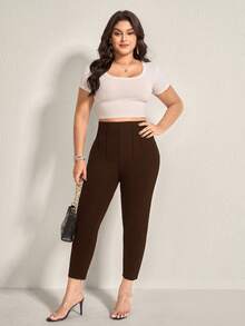Comfylo Plus Solid High Waist Comfy Pants - Brown - View 4