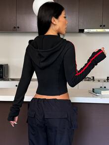 Muchica Women's Black Slim Fit Hooded Contrast Red Side Stripes Full Zip Stretch Sports Jacket Breathable Running Training Outdoor Activewear Outerwear Top - Black - View 6