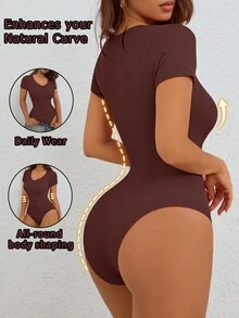 SHEIN 女款純色休閒日常短袖塑形連身褲 - 巧克力棕 - 查看 4