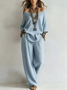 SHEIN 2026 New American European Style Knit 2 Pieces Set Casual Loose Cold Shoulder 3/4 Sleeve Top + Wide Leg Pants - Dusty Blue - View 1