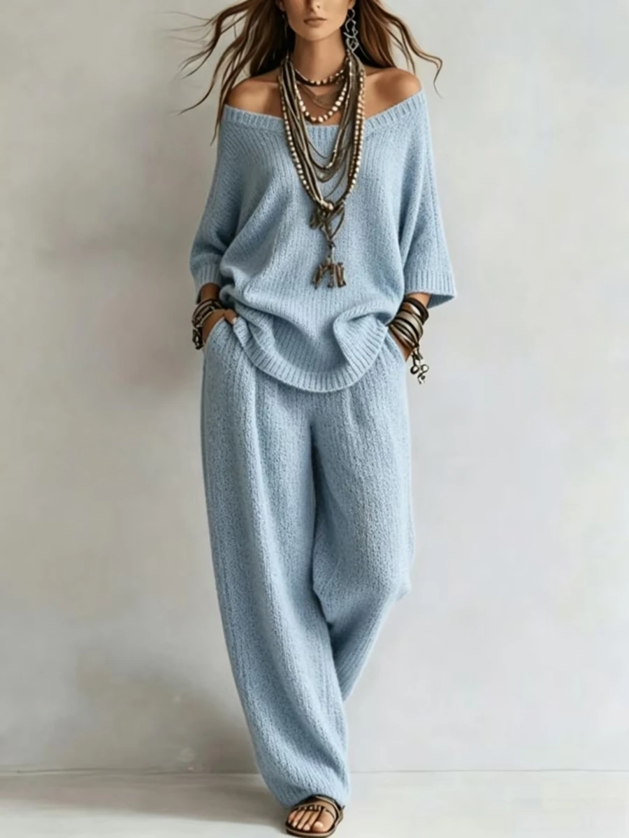 SHEIN 2026 New American European Style Knit 2 Pieces Set Casual Loose Cold Shoulder 3/4 Sleeve Top + Wide Leg Pants - Dusty Blue - View 1