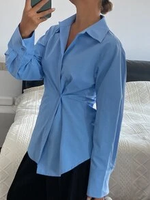 DAZY Blus Kasual Wanita Lengan Panjang Kerah Asimetris Pas Badan Warna Polos untuk Liburan Musim Semi/Gugur - Biru - View 4