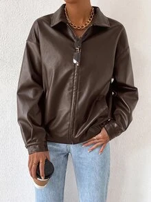 SHEIN EZwear Drop Shoulder Zip Up PU Cropped Leather Jacket In Fall/Winter - Coffee Brown - View 3