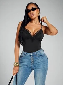 Radiana Sexy Elegant Unique Black Lace Trim Patchwork Camisole Corset, Built-In Bra Top, Corset, All-Match Versatile Top, With Padding - Black - View 5