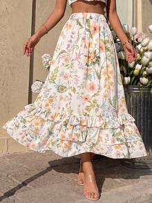 Cévolie Women's Elegant Elegant Early Autumn Vacation Print Ruffle Hem Skirt - Multicolor - View 4