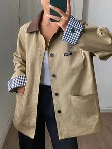 DAZY Women's Plaid Patchwork Casual Versatile Daily Commute Jacket Fall - Khaki - View 3