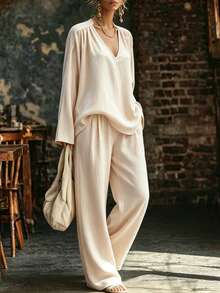 SHEIN 2pcs/Set Smooth Glossy Fabric Deep V-Neck Shoulder Gathered Loose 7-Point Wide Sleeve Cropped Top With Matching High-Waist Draped Floor-Length Wide-Leg Pants - Apricot - View 6