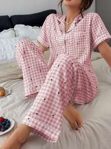 Dream Adore Bubble Crinkle Polka Dot Plaid Print Short Sleeve Long Pants Pajama Set - Pink - View 5