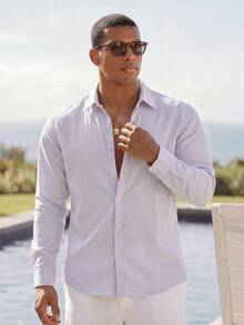 HIMLAND Men's Solid Color Single-Breasted Casual Versatile Daily Wear Shirt - Purple - View 4