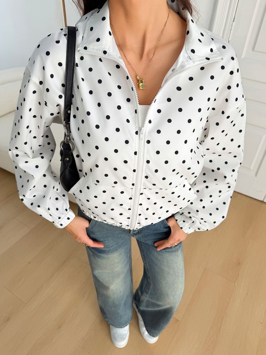 SHEIN Tall White Polka Dot Woven Women's Jacket - White - View 1