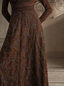 Anewsta Women's Elegant V-Neck Sequin Lace Maxi Dress - Brown - View 3