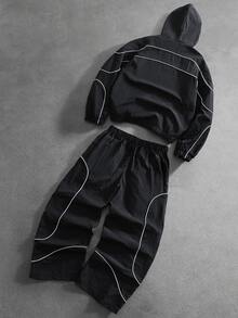 STYNVO 男士拼色連帽長袖夾克與長褲休閒日常穿搭套裝 - 黑色 - 查看 2