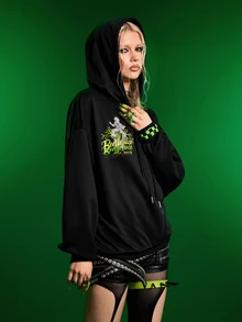 Beetlejuice X SHEIN Women's Fashion Zipper Letter Print Long Sleeve Hooded Sweatshirt - Black - View 5