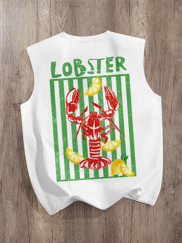 Manfinity Joysei White Standard Size Lobster Print Men's Tank Top, Suitable For Casual Daily Wear, Outings And Vacations