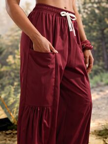 Exploreva Women's Drawstring Waist Casual Versatile Daily Outdoor Long Pants - Burgundy - View 4