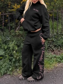 Muchica Letter Print Black Hoodie & Sweatpants Sports Set - Black - View 7
