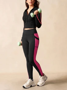 SHEIN Sports Women's Colorblock Patchwork High Waist Seamless Sports Leggings - Multicolor - View 3