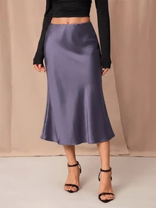 SHEIN PETITE 黑色高腰純色緞面質感裙，適合舞蹈與日常穿著 - 灰色 - 查看 4