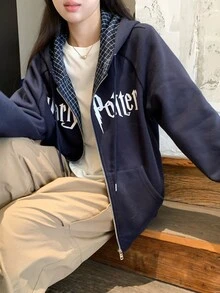 DAZY Women's Letter Print Drawstring Hooded Casual Daily Long Sleeve Sweatshirt Fall - Navy Blue - View 4