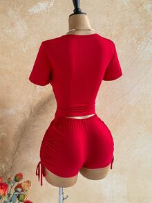 Soleia Women's Lace Patchwork Pleated Top And Tie-Up Shorts Sexy 2 Pieces Set - Red - View 2