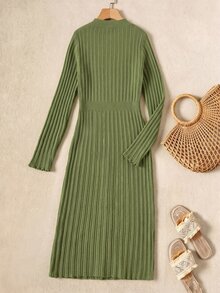Rusticease Women's Vintage Button Half-Placket Long Sleeve Sweater Dress - Army Green - View 2