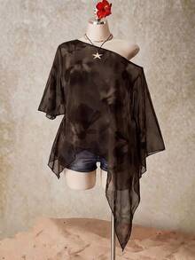 SHEIN ICON 女款休閒浪漫花卉印花大尺碼網紗棕色上衣 - 彩色 - 查看 4