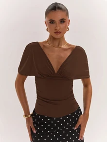SHEIN BAE Spring/Summer Women's Casual Vacation Draped Neck Back Chain Decor Backless Dress, Suitable For Beach Going Out Holiday, Animal Print, Coffee Brown - Brown - View 5