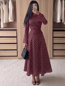 Modelyn 春秋法式通勤優雅波點收腰百褶抽繩喇叭袖長洋裝女款 - 酒紅色 - 查看 9