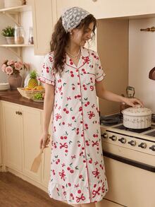 Tulorae Summer Short Sleeve Button-Front Dress Cherry Print Ruffle Hem Women's Nightgown - Apricot - View 2
