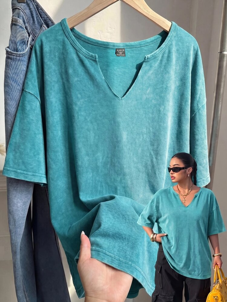 Muchica Plus Size Spring/Summer Clothing, Plus Size Spring/Summer Distressed Snowflake Acetate Chocolate Brown Loose Short Sleeve Small V-Neck T-Shirt, Cotton Fabric - Teal Blue - View 1