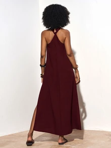 Zivah Women's Solid Color Halter Neck Long Dress For Vacation And Casual Wear - Rose Red - View 6