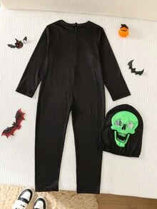 SHEIN 小男孩簡約修身圓領長袖連身褲，附螢光發光效果，適合秋冬、萬聖節、派對 - 黑色 - 查看 2